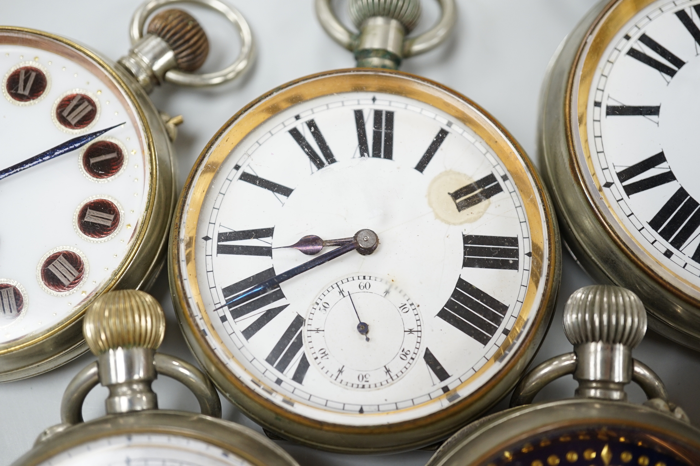 Six assorted Goliath pocket watches, largest diameter 77mm.